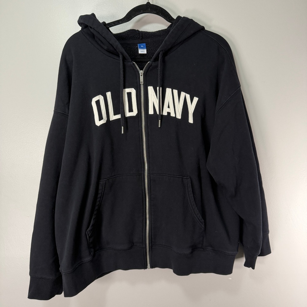 Old Navy Hoodie Womens XL Black Cotton Blend Comfy Zip Up Logo Fleece Sweatshirt